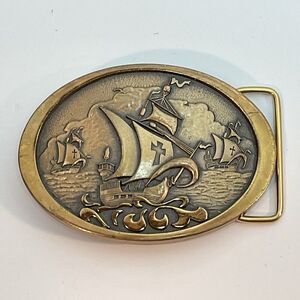 Vintage Christopher Columbus Belt Buckle Brass Nina Pinta Santa Maria Josten’s